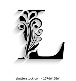 letter L. Black flower alphabet.  Beautiful capital letters with shadow