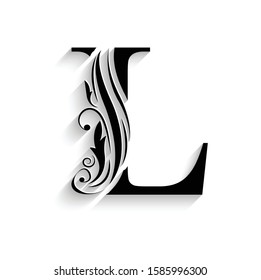 letter L. Black flower alphabet.  Beautiful capital letters with shadow