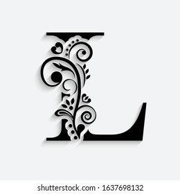 letter L. Black flower alphabet.  Beautiful capital letters with shadow