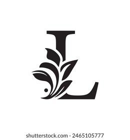 letter L Black flower alphabet. Beautiful capital letters with shadow