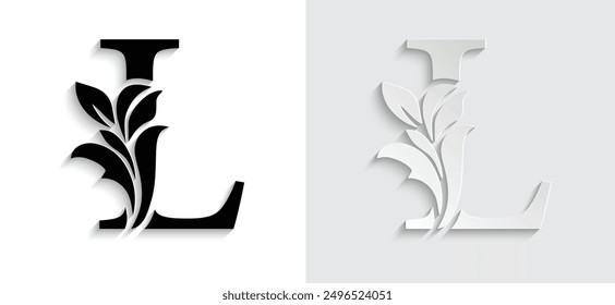 letter L Black flower alphabet. Beautiful capital letters with shadow