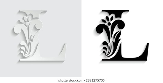 letter L Black and paper flower alphabet. Beautiful capital letters with shadow