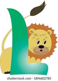 letter L in blurred colors of green and white decorated with lion illustration