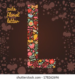 The letter L. Bright floral element of colorful alphabet made from birds, flowers, petals, hearts and twigs. Summer floral ABC element in vector