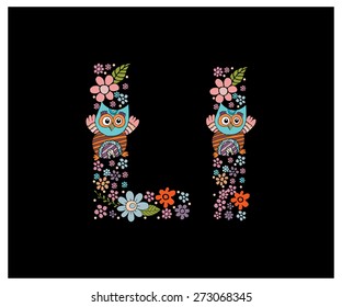 The letter L. Bright floral element of colorful alphabet Owl, flowers, and twigs. floral ABC element in vector