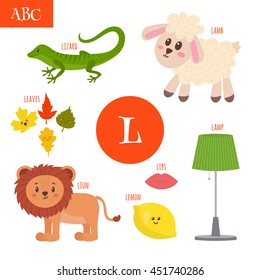 Letter L. Cartoon alphabet for children. Lion, lamb, lamp, leaves, lemon, lizard, lips. Vector illustration