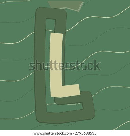 LETTER L character design with spruce background, ribbon scroll motif, and custom frame