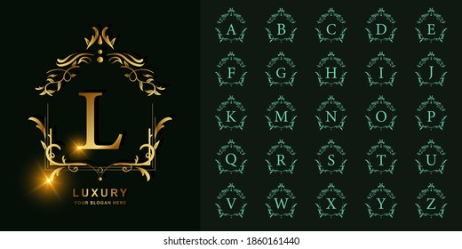 Letter L or collection initial alphabet with luxury ornament floral frame golden logo template.