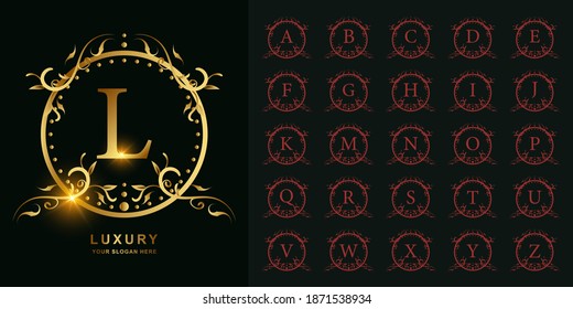 Letter L or collection initial alphabet with luxury ornament floral frame golden logo template.