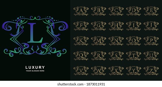 Letter L or collection initial alphabet with luxury ornament floral frame golden logo template.