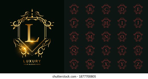Letter L or collection initial alphabet with luxury ornament floral frame golden logo template.