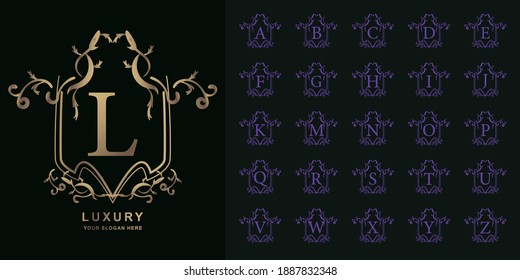 Letter L or collection initial alphabet with luxury ornament floral frame golden logo template.