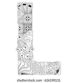 Letter L for coloring. Vector decorative zentangle object