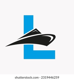 Letter L Cruise Ship Logo Boat Icon. Yacht Symbol, Marine Logotype Vector Template