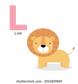 Letter L and a cute cartoon lion. Children's English alphabet. It is suitable for the design of postcards, books, leaflets, banners, birthday invitations. Colorful vector illustration