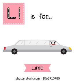 Letter L cute children colorful transportations ABC alphabet tracing flashcard of Limo for kids learning English vocabulary Vector Illustration.