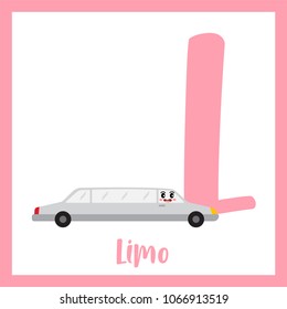 Letter L cute children colorful transportations ABC alphabet flashcard of Limo for kids learning English vocabulary Vector Illustration.