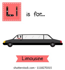 Letter L cute children colorful transportations ABC alphabet tracing flashcard of Limousine for kids learning English vocabulary Vector Illustration.