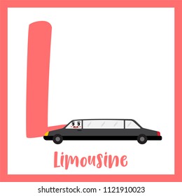 Letter L cute children colorful transportations ABC alphabet flashcard of Limousine for kids learning English vocabulary Vector Illustration.