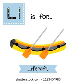 Letter L cute children colorful transportations ABC alphabet tracing flashcard of Liferaft for kids learning English vocabulary Vector Illustration.