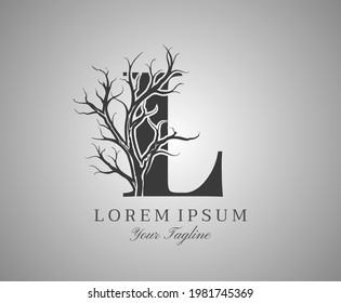 Letter L With Dead Tree Design Logo Icon. Creative Alphabetical Creepy Dry Tree Brach Nature Logo Template.