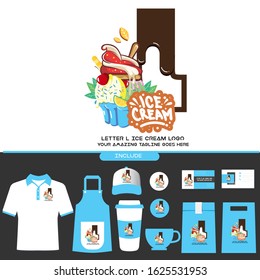 Letter L Delicious Chocolate Ice Cream Cup Logo on White Background for Ice Cream Shop with Brand Identity Include Shirt. Apron. Hat. Cup. Pin. Glass. Business Card. Paper Bag
