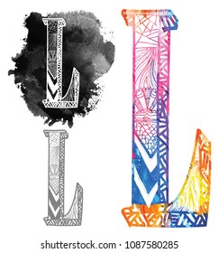 Letter L. Dudling drawing, mandala. Alphabet in the style of dudling, letters of the alphabet. Drawing from the hands, points, waves, scales.