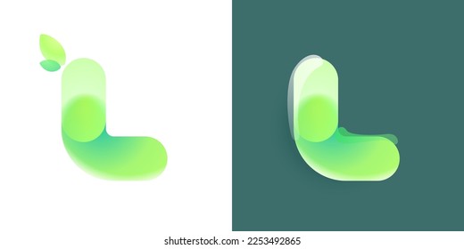 Letter L eco logo with green gradient and leaf in Glassmorphism style. Environment friendly icon made of overlapping parts. Perfect for agriculture art, waste recycling app, healthy food packaging.