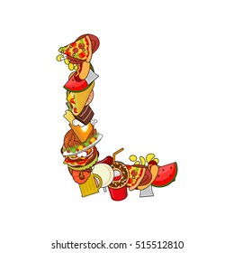 Letter L edible. Alphabet sign of food. Feed concept template elements ABC. Dish icon. Pizza and taco. Donuts and FAstfood. Hotdog and cookies. Baked turkey and watermelon. Pork and cake