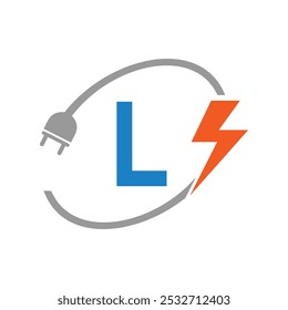 Letra L concepto de logotipo eléctrico con enchufe eléctrico y símbolo de potencia. Diseño de logotipo eléctrico