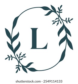 Letter L In Elegant Floral Oval Frame. Leafy Christmas Wreath. Vector  Illustration Isolated On White Background.