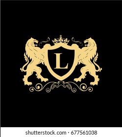 Letter L Elegant logo with two lions and shield vector design. Coat of arms
