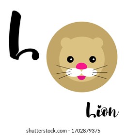 Letter "L" of the English alphabet with a lion picture. A card for children, kindergarten, teachers, schools, parents, apps and websites. Vector illustration in flat style.
