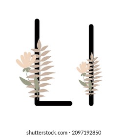 Letter L of English, Latin alphabet uppercase, lowercase decorated with flowers, floral monogram vector illustration in simple boho style, flat pastel colored decorative lettering 
