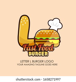 Letter L Fast Food Burger Logo Design for Brand Label Food and Menu Restaurant or Cafe with Chef’s Hat on Pink Background. Lettering Vector illustration. Design Template Concept