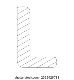 Letter L filled with diagonal stripes running from the top left to the bottom right corner. Kindergarten letter worksheets, coloring the letter L, with various colors as you wish.