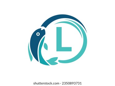 Letter L Fish Logo design. Water Animal icon. Font emblem. Modern vector logotype for business and company identity.