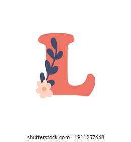 Letter L with floral decoration in flat cartoon style. Vector illustration