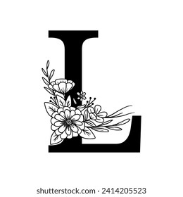 Letter L floral decorative. Alphabet with flower and leaves ornament.