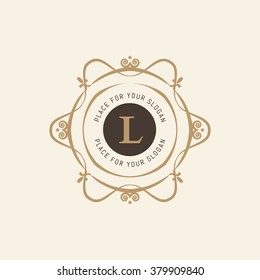 The letter L. Flourishes calligraphic monogram emblem template. Luxury elegant frame ornament line logo design vector illustration. Example designs for Cafe, Hotel, Heraldic, Restaurant, Boutique