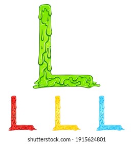 Letra L con gotas de flujo y goo splash. Ilustración de color del símbolo l en cuatro colores verde, rojo, amarillo, azul. Derrame líquido. Tipo de letra vectorial con estilo dibujado a mano aislado en fondo blanco.