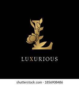 letter L flower leaves decoration for wedding, beauty care logo, personal branding identity, make up artist or any other royal brand and company. luxurious gold and silver color sample in dummy text