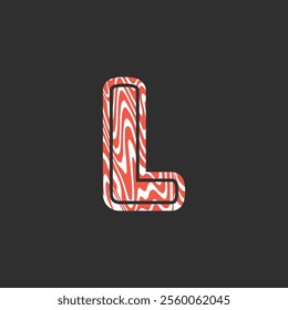 Letter L from fresh raw meat fish. Vector latin meat alphabet. Red meat salmon font for restaurants, butcher shop, farmers market, Salmon fillet marble texture, fish pattern. 