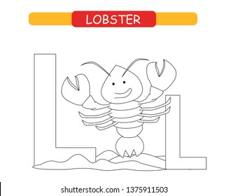 Letter L and funny cartoon lobster. Coloring page. Animals alphabet a-z. Cute zoo alphabet in vector for kids learning English vocabulary. Printable sheet.