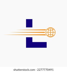 Letra L Concepto De Logotipo Global Con Icono De Mundo En Movimiento. Plantilla de vector de símbolos de logotipo global