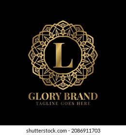 letter L glory mandala vintage golden color luxury vector logo design