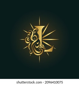 Letter L. Glowing Golden Monogram. Bright Star with Rays. Elegant Calligraphic Logo. Creative Art Design. Luxury Template for Brand Name, Business Card, Boutique. Vector Illustration