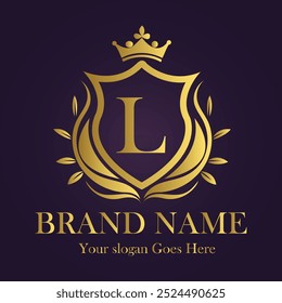 Letra L ilustrações do vetor do logotipo da coroa dourada.
