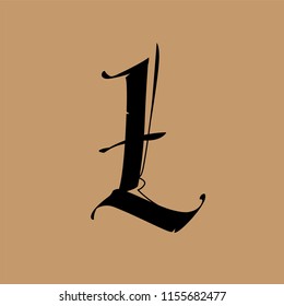 Letter L, in the Gothic style. Vector. Alphabet. The symbol is isolated on a golden background. Calligraphy and lettering. Medieval Latin letter. Logo for the company. Elegant font for tattoo.