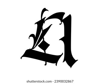 Letter L, in the Gothic style. Vector. Alphabet. The symbol is isolated on a white background. Calligraphy and lettering. Medieval Latin letter. Logo for the company. Monogram. Elegant font for tattoo